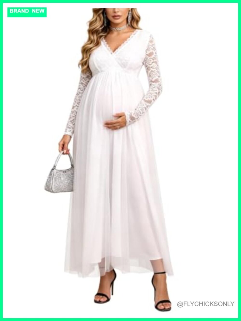 Maternity V Neck Lace Long Sleeve Tulle Maxi Gown Formal